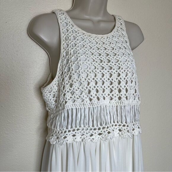 Belle Badgley Mischka Crochet Lace Sleeveless Maxi Chiffon Ivory Dress 10 FLAWS - Picture 2 of 15